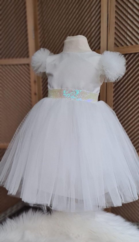 tutu jurk-effen jurk met tule-tule jurk met glitter ceintuur-feestjurk-galajurk-bruidsjurk-prinsessen jurk-wit-bruidsmeisjes-bruiloft -verjaardag- fotoshoot- 4 jaar (maat 104)