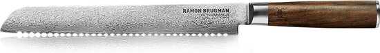 Ramon Brugman par MOA - Couteau à pain - Couteau dentelé - Acier VG10 - Acier damassé 66 couches - Bois de noyer non traité - Lame de 23 cm