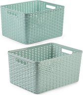 Set de 5 x boîtes de rangement / paniers de rangement en plastique vert menthe en rotin avec contenu 18 et 28 litres