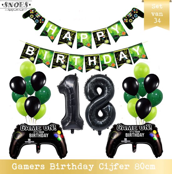 Cijfer Ballon 18 - Game Gamers Birthday Mega Ballon Pakket  - Nummer ballon - DIY Slinger Happy Birthday - Playstation Verjaardag - Game verjaardag - 80 cm nummer ballon - Gamers Verjaardag 18 Jaar - Computer Spel Verjaardag
