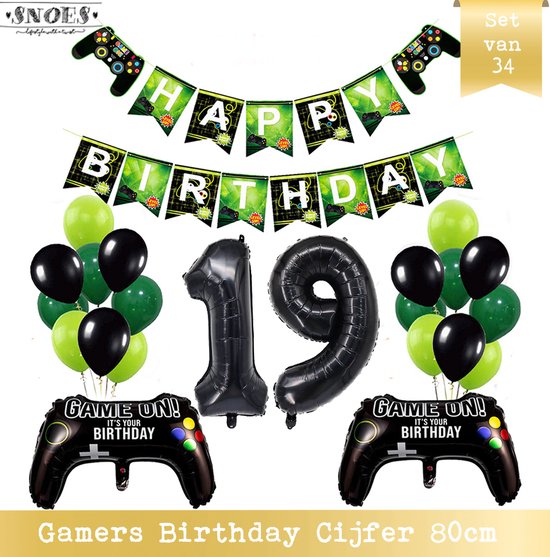 Cijfer Ballon 19 - Game Gamers Birthday Mega Ballon Pakket  - Nummer ballon - DIY Slinger Happy Birthday - Playstation Verjaardag - Game verjaardag - 80 cm nummer ballon - Gamers Verjaardag 19 Jaar - Computer Spel Verjaardag
