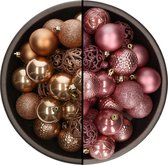 Bellatio Decorations Kerstballen mix - 74-delig - oudroze en camel bruin - 6 cm - kunststof