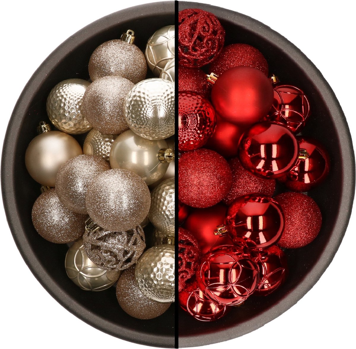 Kerstballen mix in parel champagne en rood, 74 stuks van 6 cm, gemaakt van kunststof.