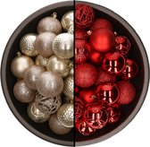 Kerstballen mix - 74-delig - parel champagne en rood - 6 cm - kunststof