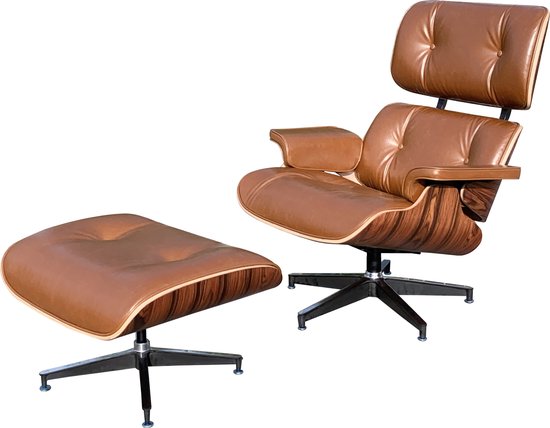 Lounge Chair + Hocker - XL - Cognac Bruin - Palissander - Fauteuil - Set