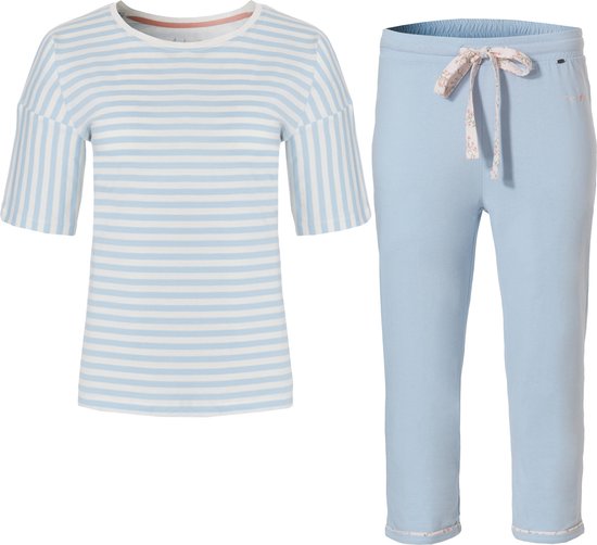By Louise Dames Capri Pyjama Set Katoen Lange Broek + Shirt Korte Mouw Blauw - Maat L