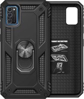 Samsung Galaxy A02S Zwart Shockproof Militairy Hybrid Armour Case Hoesje Met Kickstand Ring - Extreem Stevige Anti-Shock Hard Rugged Cover Bumper Hoes  - Stevige Shock Proof Backcover