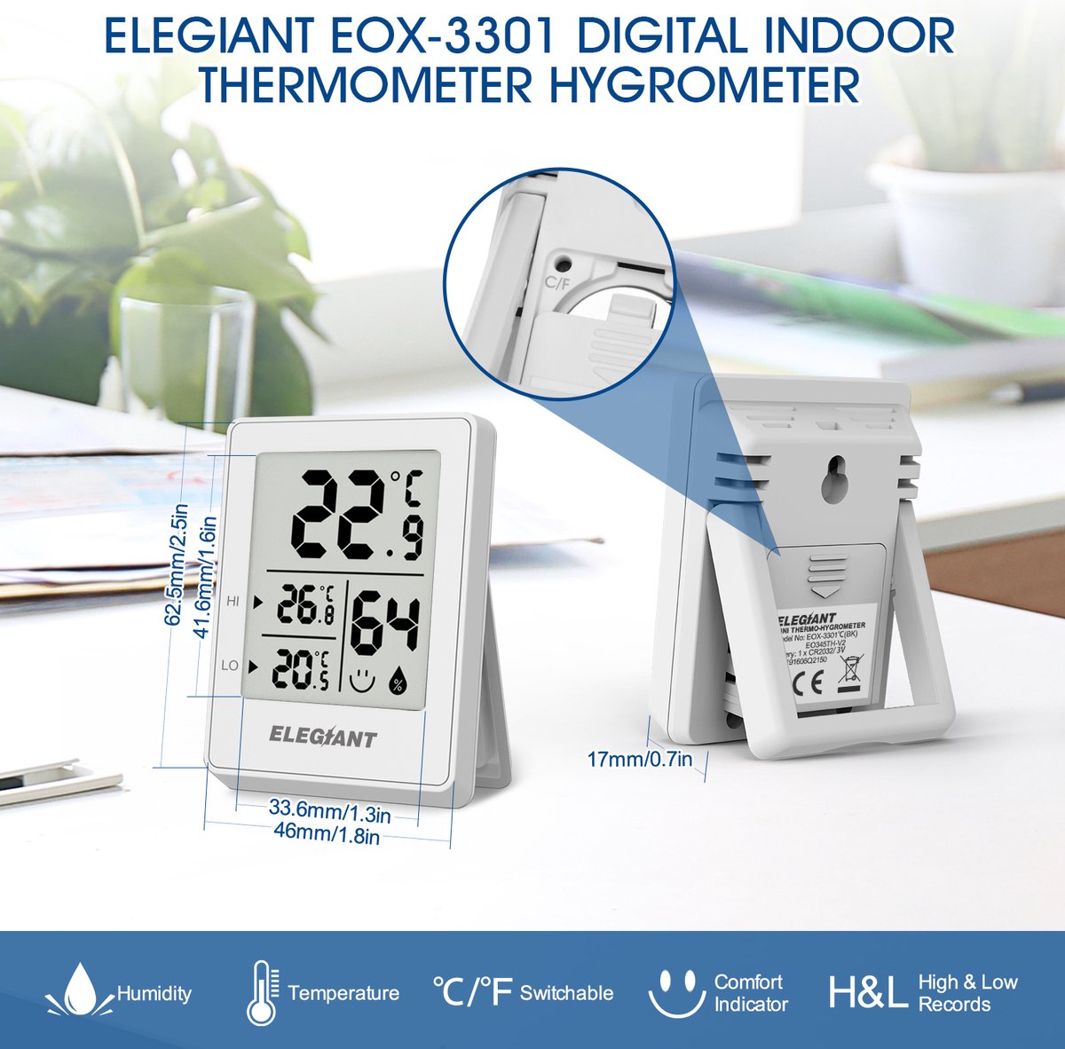 ELEGIANT Thermometers Hygrometers voor Buiten en Binnen 2 Stuks incl.Batterij Wit