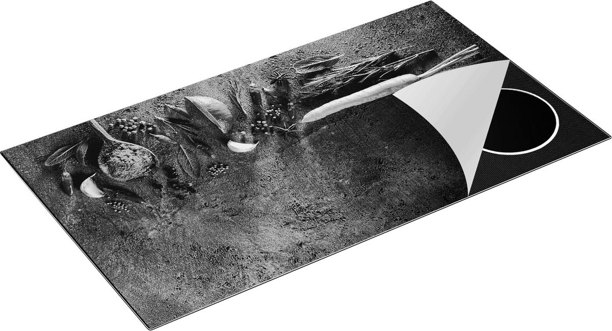 Chefcare Inductie Beschermer Kruiden met Groentes op Grijs Beton - Zwart Wit - 95x55 cm - Afdekplaat Inductie - Kookplaat Beschermer - Inductie Mat