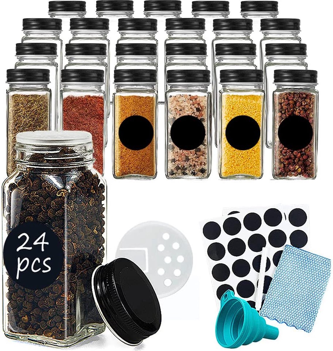 24 stuks kruidenpotjes, 120 ml kruidenpotjes, kruidenpotjes, kruidenpotjes, kruidenpotjes, glazen potjes met strooieropzetstukken, trechter, etiketten, trechter, pen 24 stuks kruidenpotjes, 120 ml kruidenpotjes, kruidenpotjes, kruidenpotjes, kruidenpotjes, glazen potjes met strooieropzetstukken, trechter, etiketten, trechter, pen