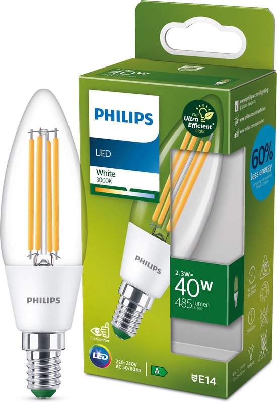 Philips Ultra Efficient LED kaarslamp Transparant - 40 W - E14 - Wit licht