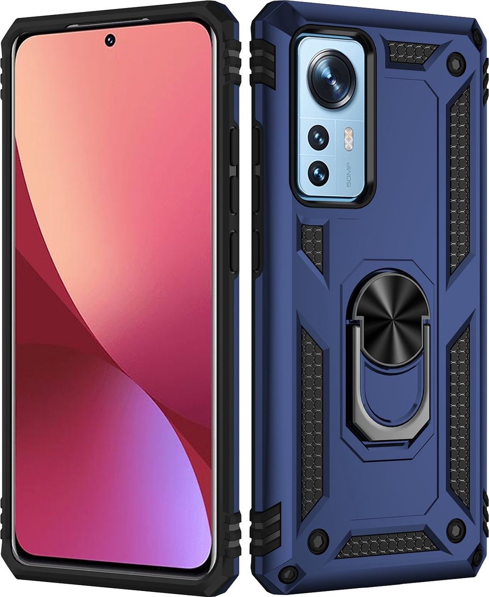 Mobigear Hoesje geschikt voor Xiaomi 12 Telefoonhoesje Hardcase | Mobigear Armor Ring Backcover Shockproof met Ringhouder | Schokbestendig 12 Telefoonhoesje | Anti Shock Proof - Blauw