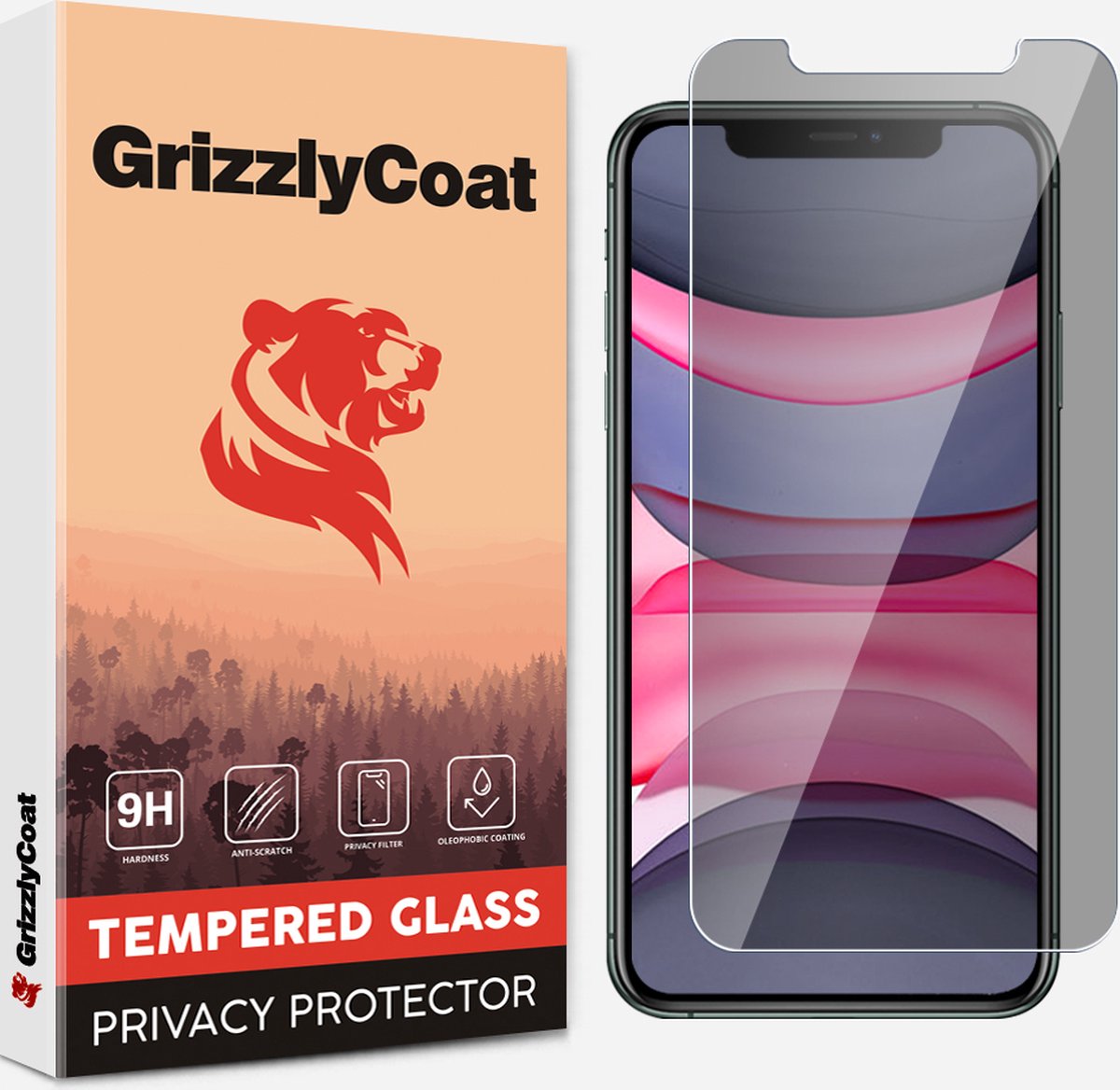 GrizzlyCoat Easy Fit AntiSpy Screenprotector geschikt voor Apple iPhone 11 Glazen Screenprotector Privacy - Case Friendly + Installatie Frame
