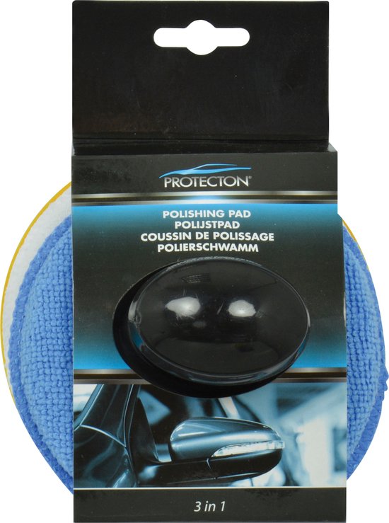 Verpakking van Protecton polijstpad set met blauwe microvezel pad, gele spons, witte pad en zwarte handgreep.