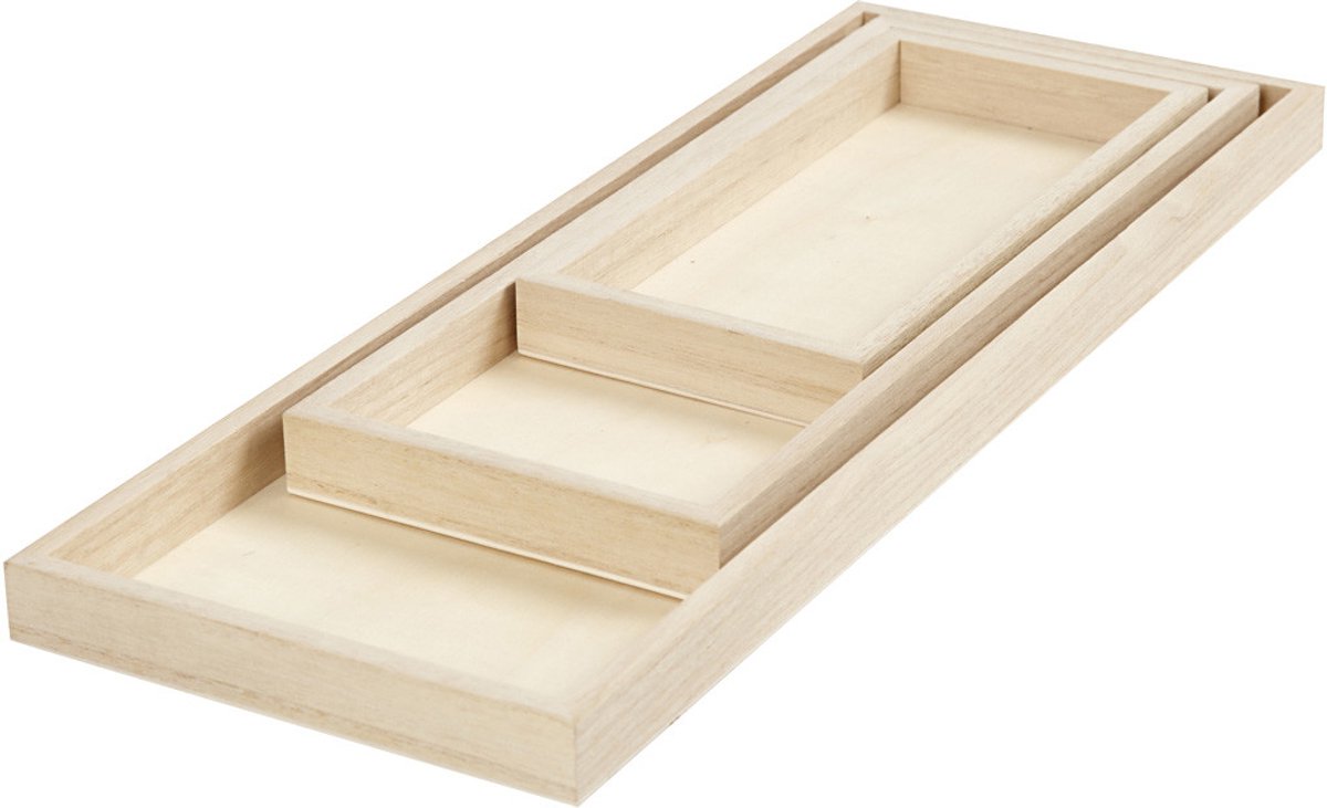 Dienbladen. L: 20+30+40 cm. B: 10+12+15 cm. 3 stuk/ 1 doos