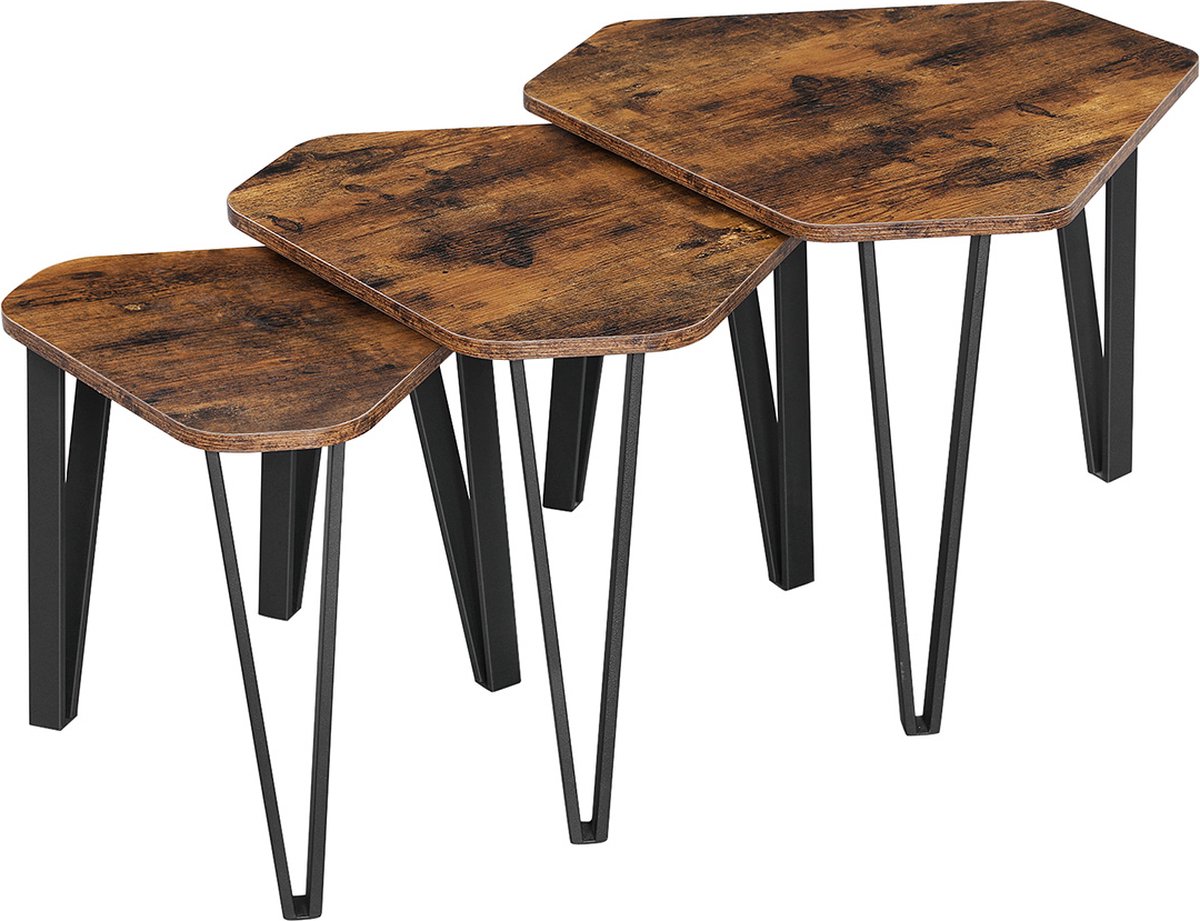 Hoppa! bijzettafelset. 3 st. nachtkastjes. salontafels. met metalen poten. eenvoudige constructie. industrieel ontwerp. vintage bruin-zwart