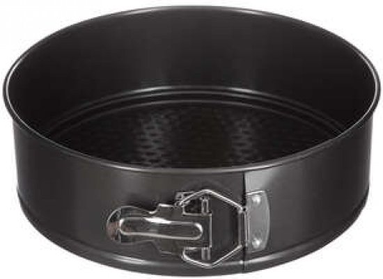 Een ronde springvorm van 18 cm met een los te koppelen rand en metalen sluiting.