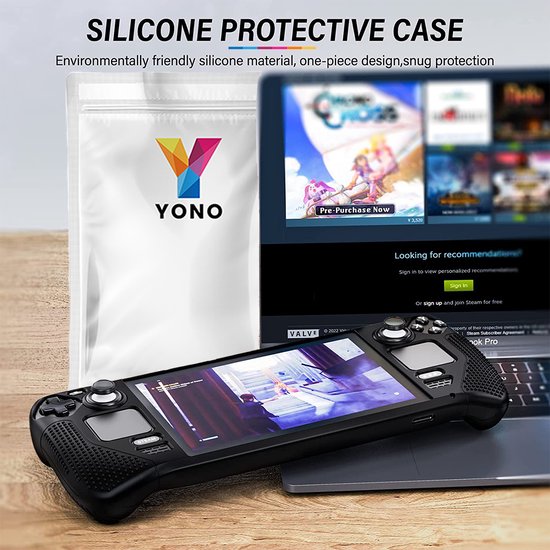 Een zwarte siliconen beschermhoes voor de Valve Steam Deck, liggend op een laptop naast een verpakking van YONO.