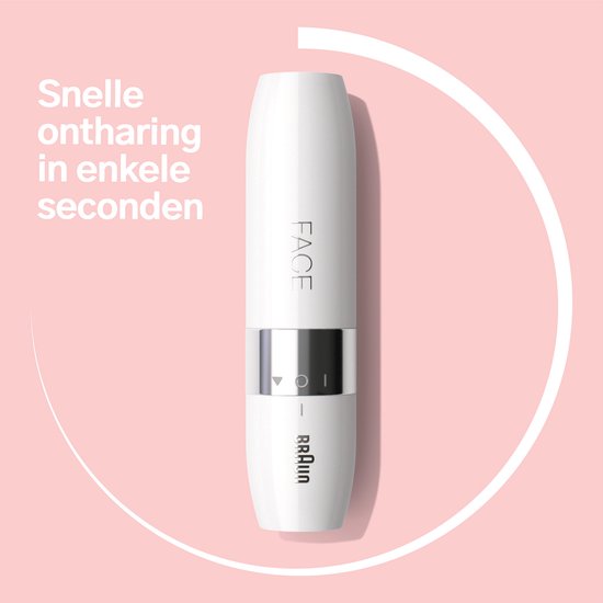 Witte Braun gezichtshaar trimmer met "FACE" erop, in cirkelvormige witte lijnen op een roze achtergrond.