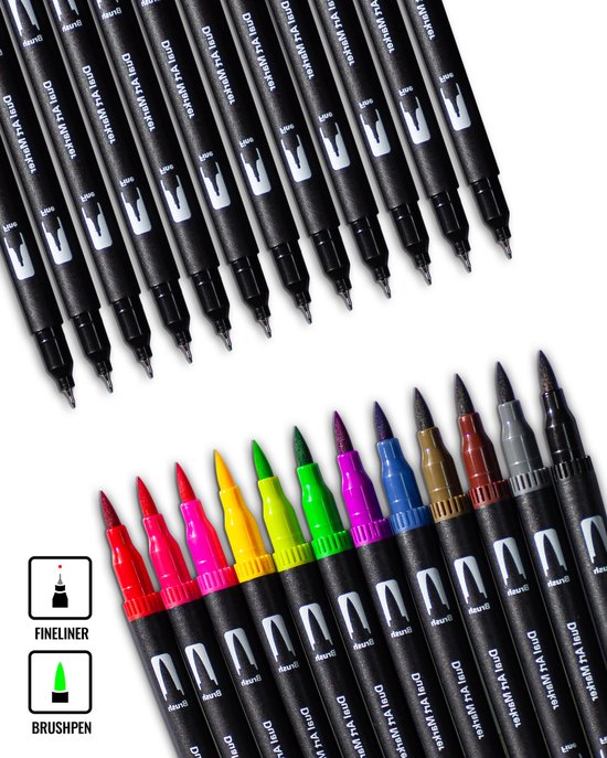 Stiften voor Volwassenen Markers Twinmarker met Brushpen en Fineliner 12...