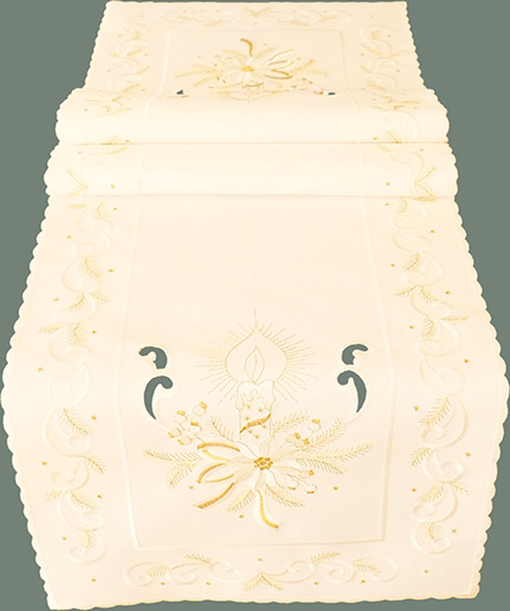 Tafelloper - Kerst - Ecru - met kaars en kerstroos in gouddraad - Loper 40 x 140 cm