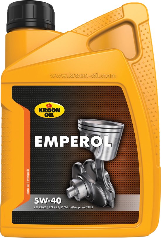 Gele jerrycan Kroon Oil Emperol 5W-40 motorolie met afbeelding van zuiger en krukas. www.kroon-oil.com