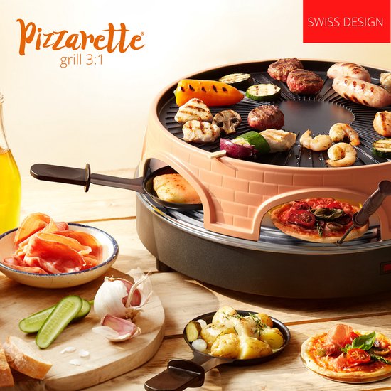 Emerio po-113255. 4 - pizzarette 3-in-1 - 6 persoons - pizzarette, zwitserse raclette en grill - geïsoleerde bak spatels - 6 pannetjes