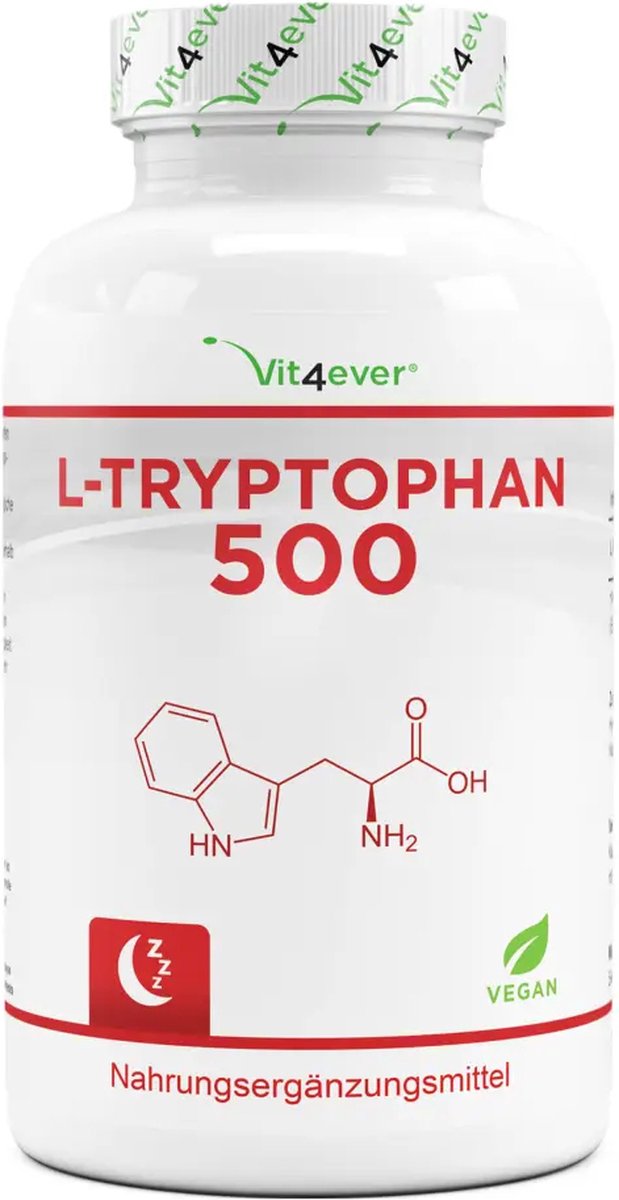 Goedkoopste L-tryptofaan 500 mg - 365 veganistische capsules - puur aminozuur van plantaardige fermentatie - in het laboratorium getest (gehalte van werkzame stoffen en zuiverheid) - zonder toevoegingen - hoge dosering - veganistisch | Vit4ever