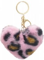 Sleutelhanger fluffy hart - Panter - 9x10 cm - roze, bruin, zwart. Leuk om zo te geven of om bij een cadeau te voegen. Voor uzelf of Bestel Een Kado.