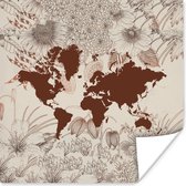 Poster Wereldkaart - Bloemen - Rood - 30x30 cm