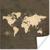 Poster wereldkaart - Vintage - Windroos - 30x30 cm