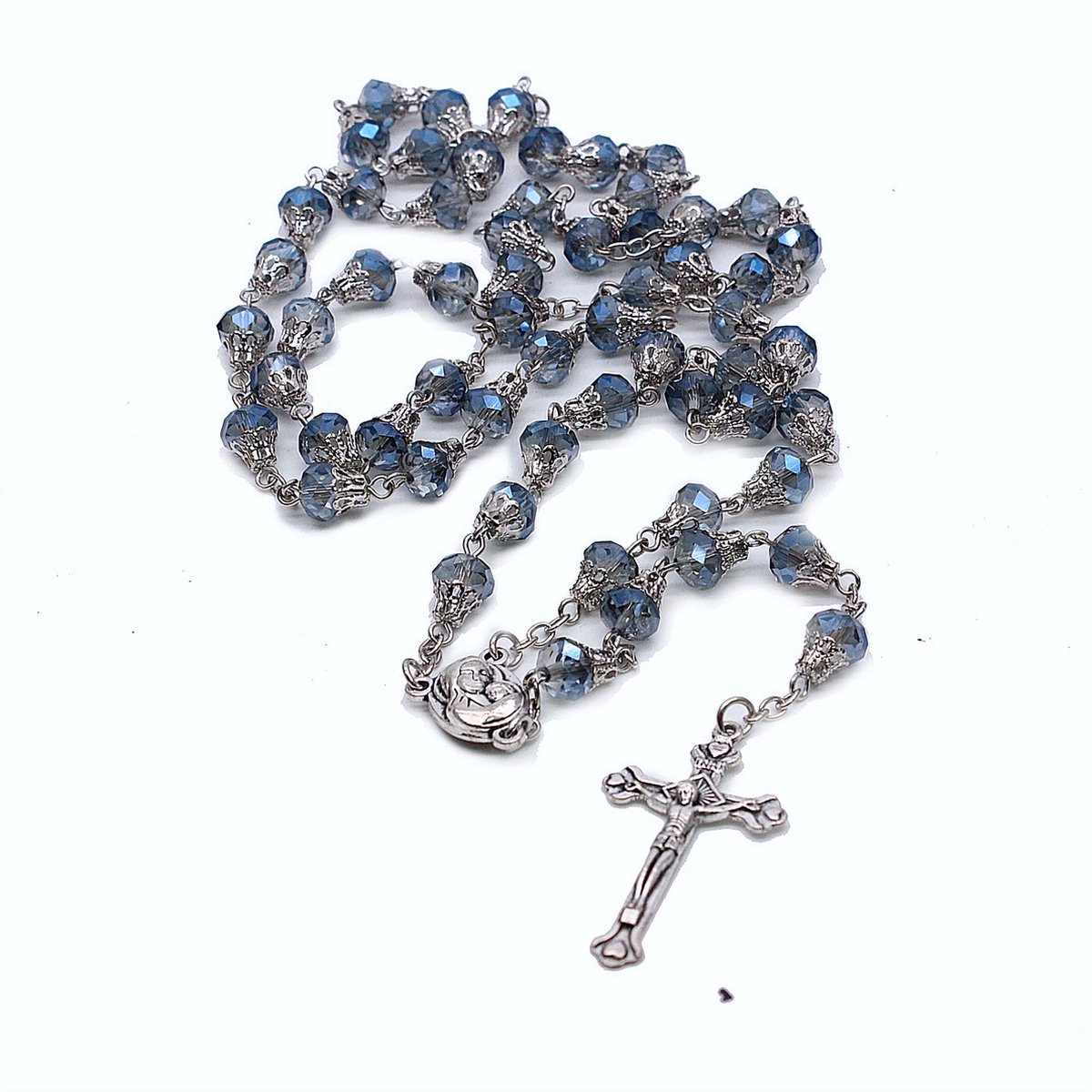 ICYBOY 18K Religieus Krystallen Ketting met Jezus Kruis Pendant Verguld Zilver [SILVER-PLATED] [ICED OUT] [84 CM] - 8mm Blue Crystal Rosary Beads Necklace Vintage Silver Virgin Mary Jesus Cross Pendant Necklace for catholic religion