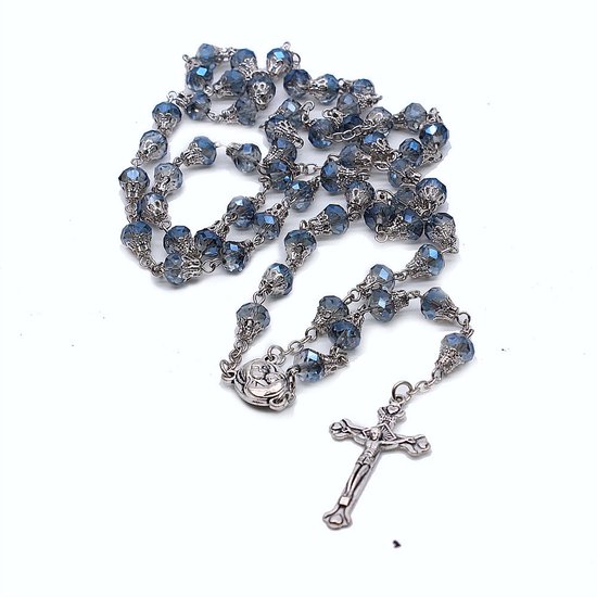 ICYBOY 18K Religieus Krystallen Ketting met Jezus Kruis Pendant Verguld Zilver [SILVER-PLATED] [ICED OUT] [84 CM] - 8mm Blue Crystal Rosary Beads Necklace Vintage Silver Virgin Mary Jesus Cross Pendant Necklace for catholic religion