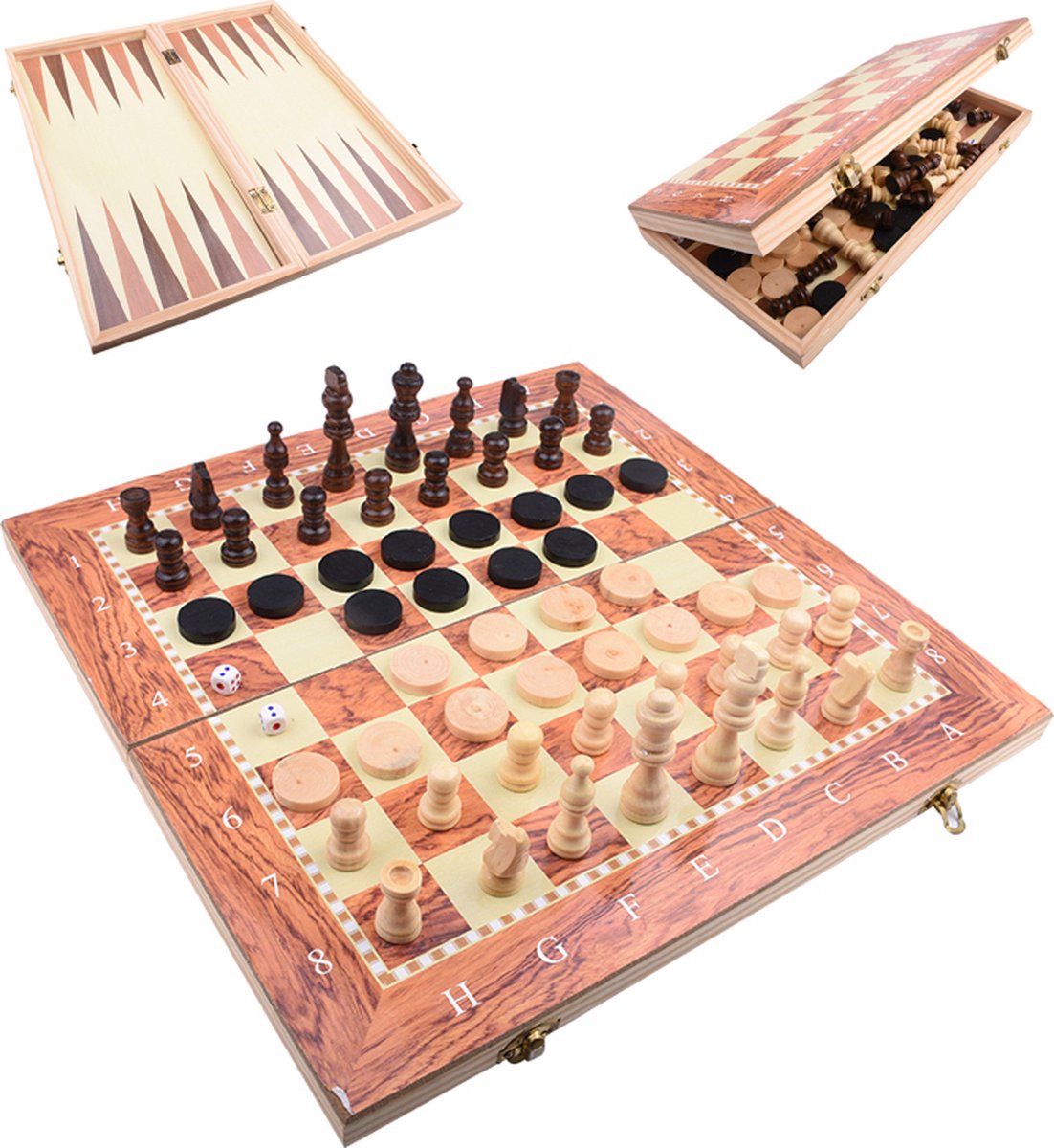 Schaakbord | Dambord | Backgammon | 24 x 24 cm | Schaakspel | Schaakset | Schaken | Dammen | Met Schaakstukken | 3-in-1 Bordspel | Chess | Hout | Opklapbaar