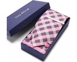 Stropdas Roze met print hoogwaardige set inclusief manchetknopen, pochetje en dasspeld Mannen geschenkverpak - Valentijnsdag - Verjaardag - Cadeautjes - Actie - Korting - Aanbieding