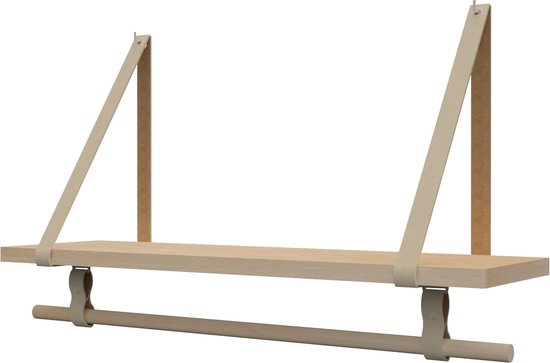 Plankje Roe 70cm - Handles and more® | CREME (Complete set: leren plankdragers + plank eikenhout + roede)