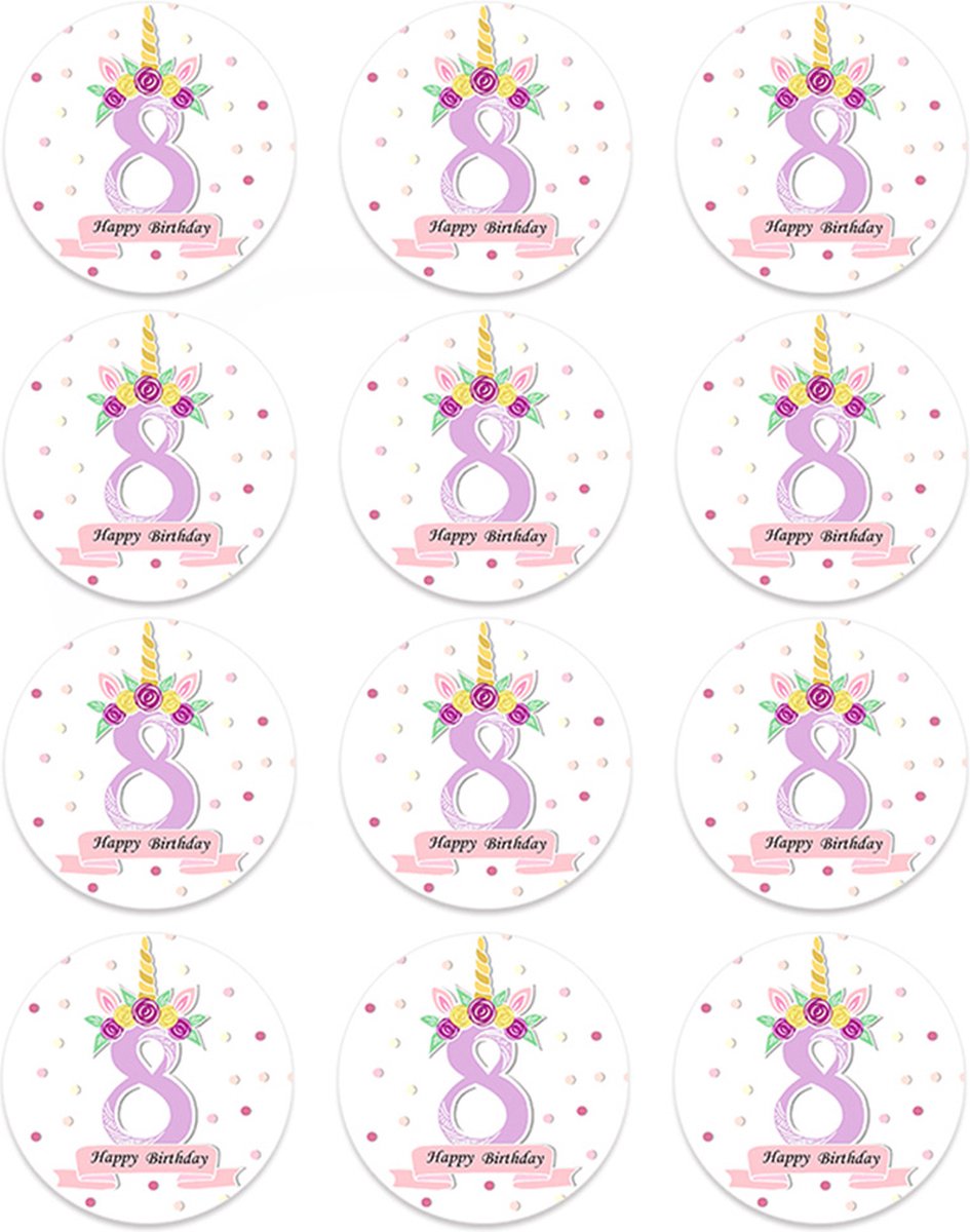 DW4Trading Sticker Happy Birthday Eenhoorn 8 Jaar - Ø 4,5 cm - 12 Stuks - Paars