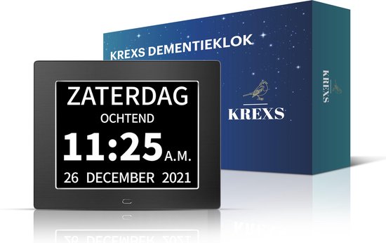 Krexs Dementieklok – Seniorenklok - Kalenderklok voor Dementie – Alzheimerklok – Alarmfunctie - Digitale Klok - Zwart
