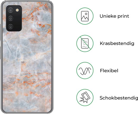 Telefoonhoesje met marmerprint, met tekst over unieke print, krasbestendig, flexibel en schokbestendig.