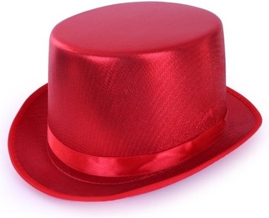 Un haut-de-forme brillant, rouge métallisé, avec un ruban en satin. Modèle classique pour adultes.
