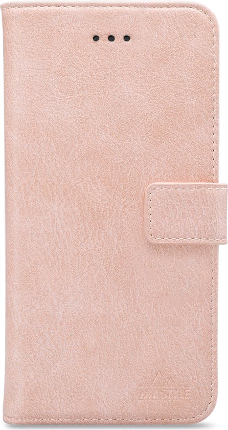 Étui portefeuille rose fermé, avec fermeture à pression et logo.