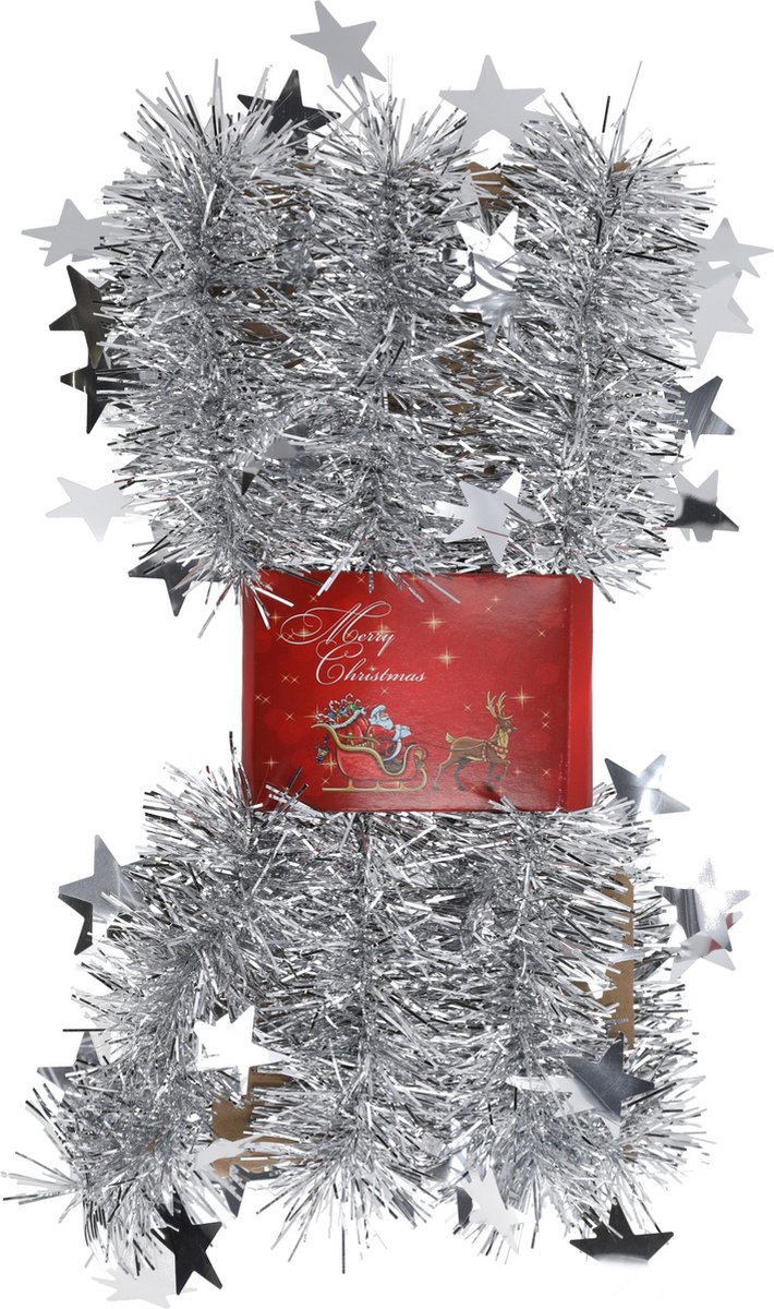2x stuks lametta kerstslingers met sterretjes zilver 200 x 6,5 cm - kerstslingers/kerst guirlandes – foto 2