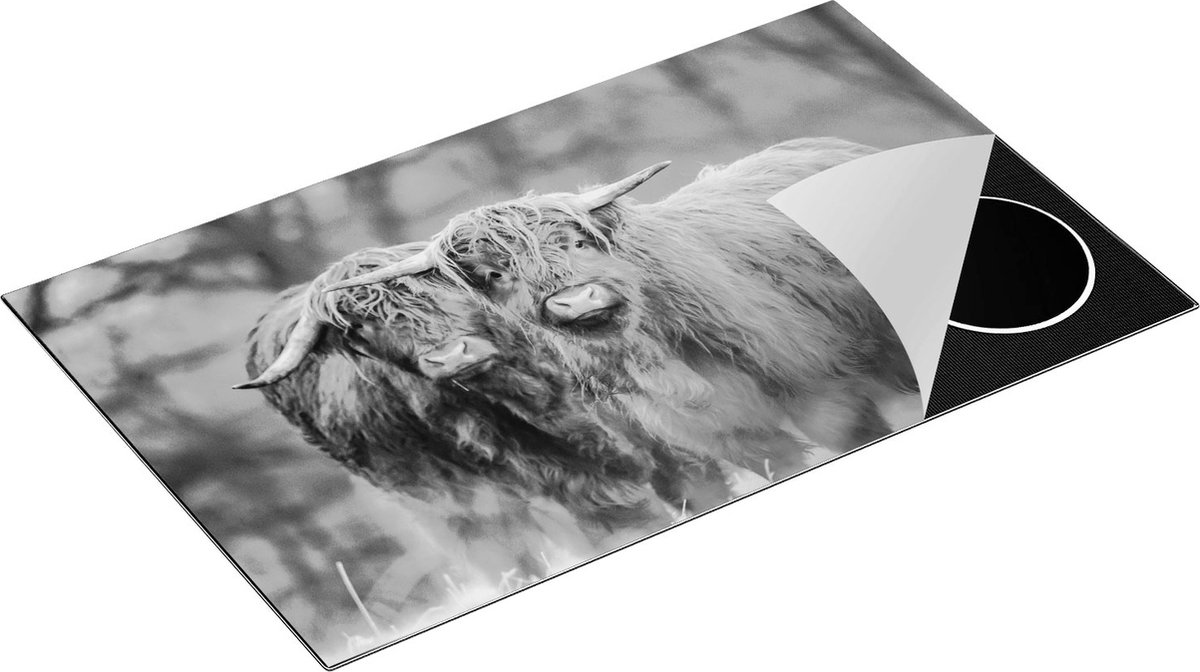Chefcare Inductie Beschermer Twee Schotse Hooglanders in de Sneeuw - Zwart Wit - 85x50 cm - Afdekplaat Inductie - Kookplaat Beschermer - Inductie Mat