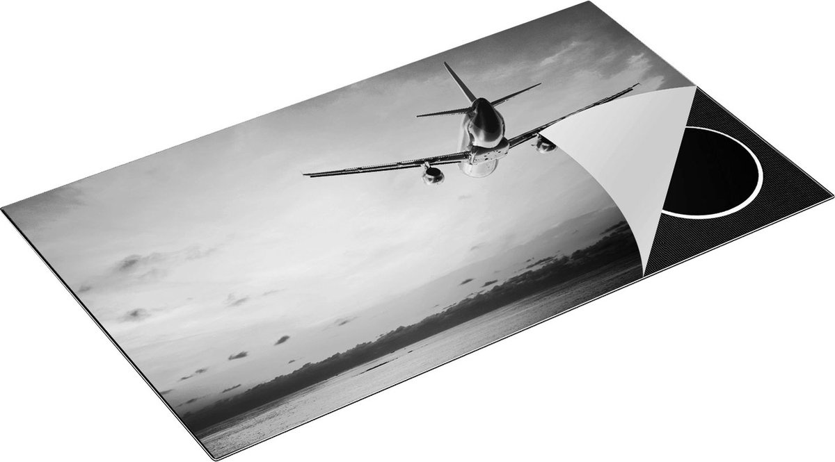 Chefcare Inductie Beschermer Vliegtuig Boven de Zee bij Zonsondergang - Zwart Wit - 91,2x52 cm - Afdekplaat Inductie - Kookplaat Beschermer - Inductie Mat