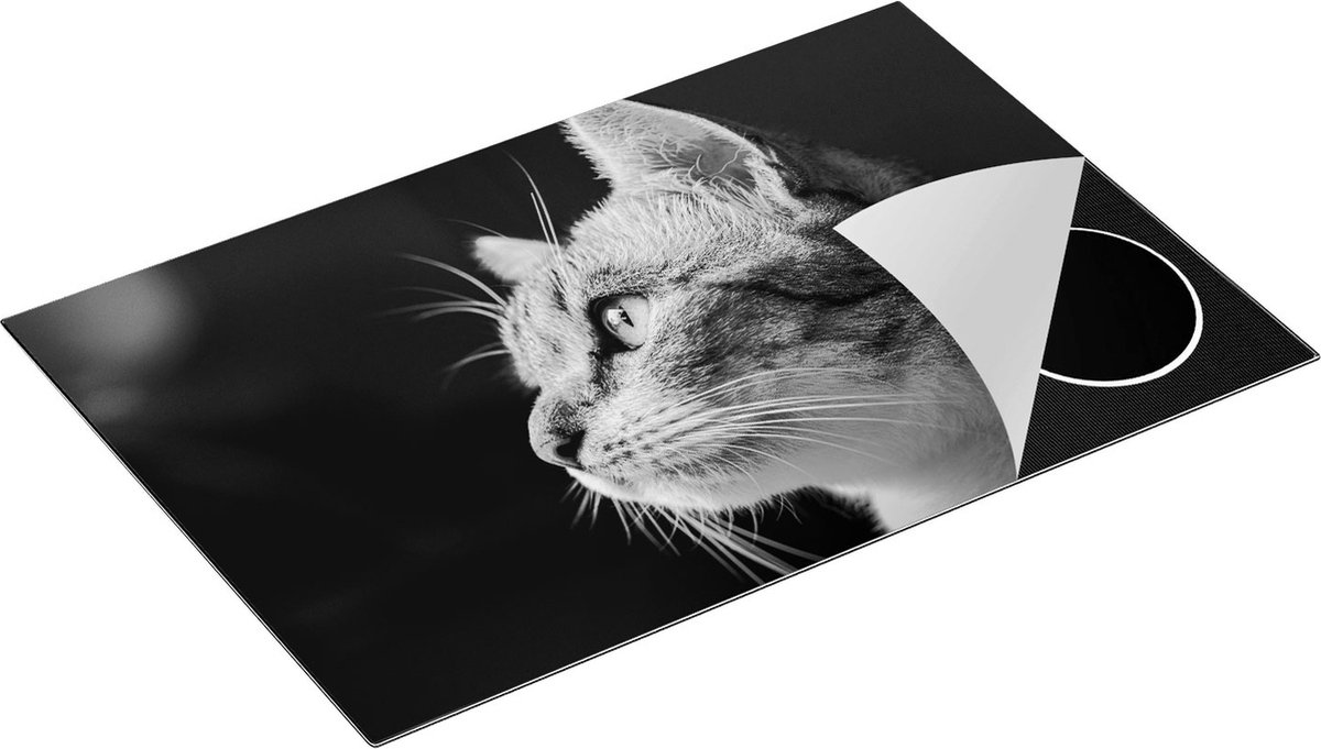 Chefcare Inductie Beschermer Kat met Gele Ogen van Dichtbij - Zwart Wit - 80x50 cm - Afdekplaat Inductie - Kookplaat Beschermer - Inductie Mat