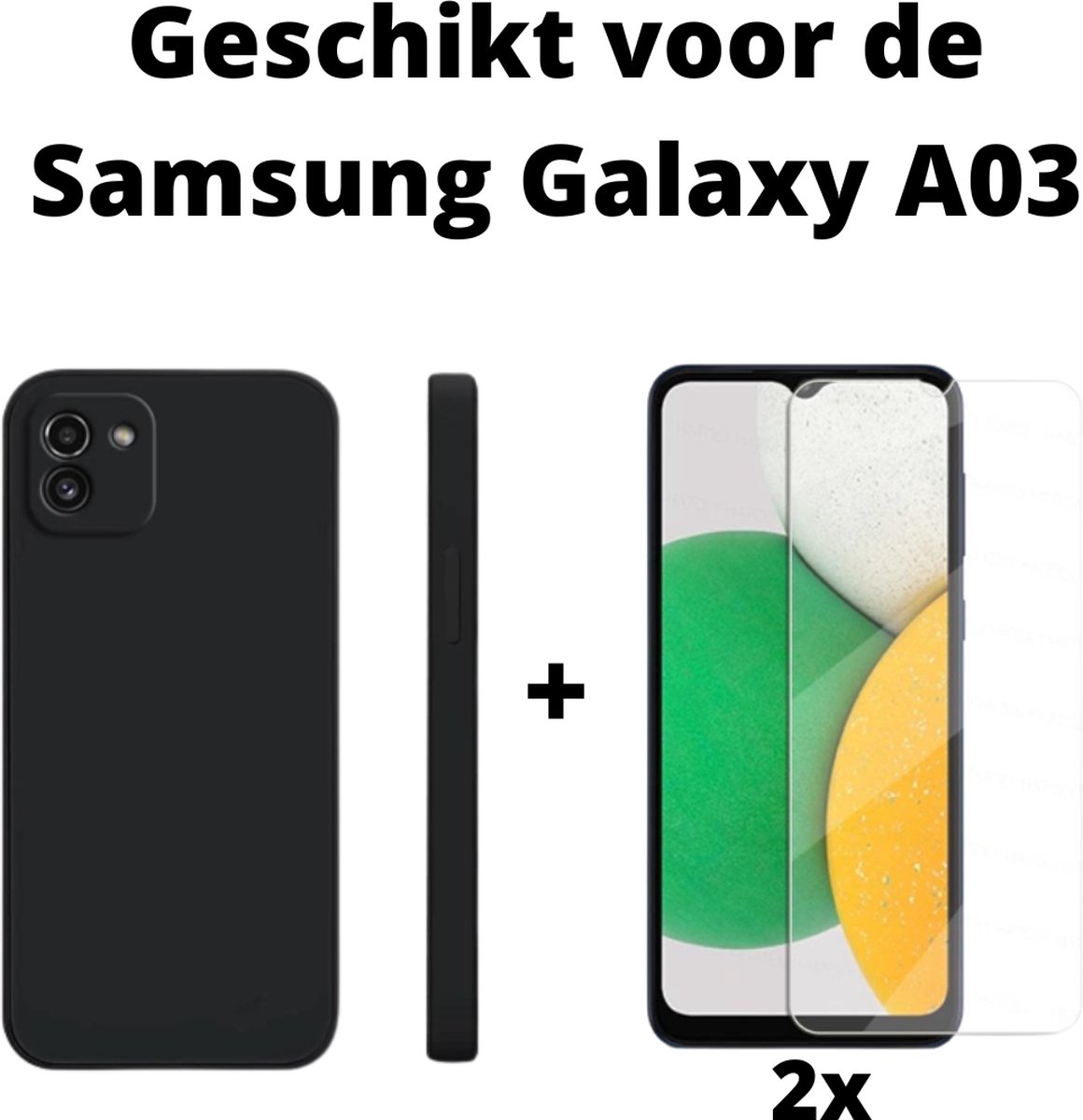 Samsung Galaxy A03 Achterkant Hoesje Zwart + 2x Screen Protector - galaxy a03 tpu backcover black + scherm protectie - Samsung A03 backcase tpu zwart + tempert glas