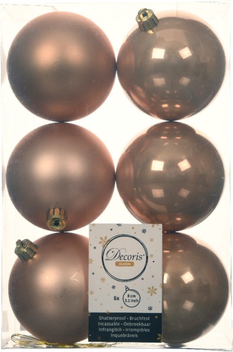 Set van 18 onbreekbare kunststof kerstballen in toffee bruin, 8 cm groot. Mat/glans afwerking.