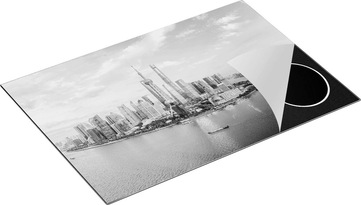 Chefcare Inductie Beschermer Skyline Shanghai Stad in China - Zwart Wit - 75x50 cm - Afdekplaat Inductie - Kookplaat Beschermer - Inductie Mat