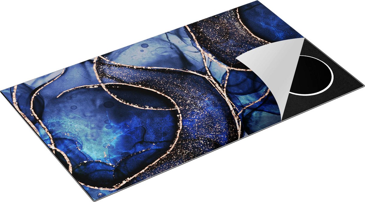 Chefcare Inductie Beschermer Abstracte Kunst - Blauwe Marmer met Gouden Patronen - 90x55 cm - Afdekplaat Inductie - Kookplaat Beschermer - Inductie Mat
