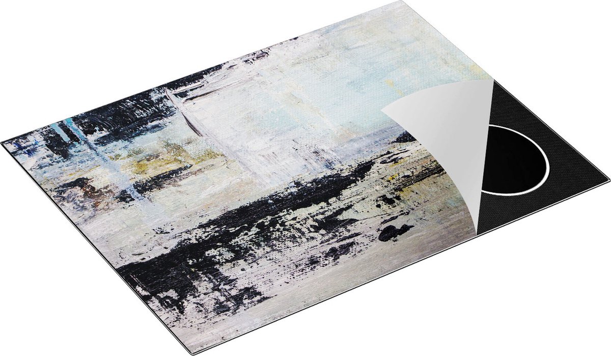 Chefcare Inductie Beschermer Abstracte Kunst - Acryl met Zwarte Vagen op Wit - 70x55 cm - Afdekplaat Inductie - Kookplaat Beschermer - Inductie Mat